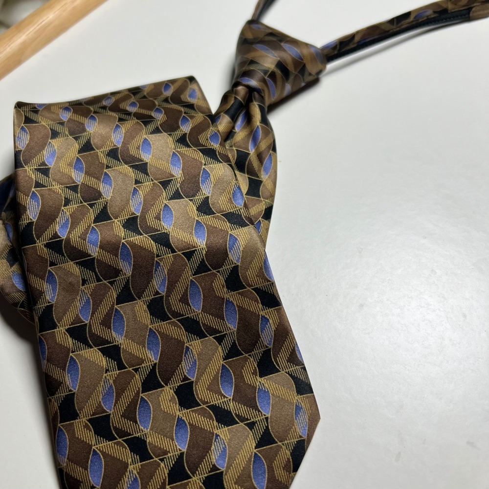 UMO LORENZO ITALY Mens‎ Silk Tie Geometric Pattern Brown Blue Black